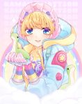 1girl animification apex_legends bangs blonde_hair blue_eyes blue_jacket bodysuit cloud highres holding holding_stuffed_toy hood hooded_jacket jacket kawaii_voltage_wattson looking_at_viewer nessie_(respawn) open_mouth pink_headwear portrait rainbow ribbed_bodysuit serurosu smile solo sparkle star_(symbol) stuffed_toy wattson_(apex_legends) yellow_bodysuit 