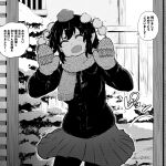  1girl alternate_costume blush buttons closed_eyes coat commentary_request cowboy_shot greyscale hat highres medium_bangs mittens monochrome open_mouth pantyhose pointy_ears pom_pom_(clothes) scarf shameimaru_aya short_hair shundou_heishirou skirt smile snow solo standing tokin_hat touhou translation_request tree 
