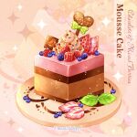  artist_name blackberry_(fruit) blueberry bow cake chocolate chocomiruki commentary_request cursive dessert english_text food food_focus fruit heart leaf mousse_(food) no_humans original plate raspberry still_life strawberry strawberry_slice 