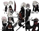 1girl 1other animal_ears blood blood_on_face blush_stickers collar crona_(soul_eater) eye_contact gloves green_eyes grin highres holding holding_weapon leash long_sleeves looking_at_another ma_fu maka_albarn multiple_views necktie open_mouth pink_hair red_necktie red_skirt short_hair skirt smile soul_eater tail weapon white_background white_gloves 