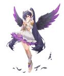  1girl absurdres artist_request bare_legs bare_shoulders black_feathers black_hair black_wings breasts closed_mouth dress earrings feathered_wings feathers full_body hair_between_eyes hands_up highres jewelry leila_(summoners_war:_chronicles) long_hair looking_to_the_side medium_breasts multicolored_wings official_art own_hands_clasped own_hands_together pointy_ears purple_eyes purple_nails purple_wings second-party_source short_dress simple_background solo standing star_(symbol) star_earrings summoners_war:_chronicles tachi-e toeless_legwear transparent_background twintails very_long_hair white_dress wings 