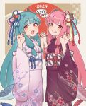  2024 2girls black_kimono blue_hair blush closed_mouth dragon_horns fang fangs fingernails floral_print highres horns japanese_clothes kimono kotonoha_akane kotonoha_aoi long_hair long_sleeves multiple_girls nail_polish obi open_mouth pink_hair print_kimono red_eyes red_nails sash siblings sisters skin_fang skin_fangs smile sumitsubame twins voiceroid white_kimono wide_sleeves 