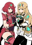  2girls asyura_kumo bangs bare_shoulders black_gloves blonde_hair breasts chest_jewel dress earrings elbow_gloves fingerless_gloves gloves highres jewelry large_breasts long_hair looking_at_viewer multiple_girls mythra_(massive_melee)_(xenoblade) mythra_(xenoblade) pantyhose pyra_(xenoblade) red_eyes red_hair red_legwear red_shorts short_dress short_hair short_shorts shorts simple_background smile super_smash_bros. swept_bangs thigh_strap thighhighs tiara very_long_hair white_dress white_gloves xenoblade_chronicles_(series) xenoblade_chronicles_2 