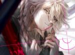  1boy bangs blood blood_on_face blurry blurry_foreground commentary danganronpa_(series) danganronpa_2:_goodbye_despair green_eyes grey_background grey_hair hands_up imminent_suicide komaeda_nagito long_sleeves looking_at_viewer male_focus medium_hair pink_blood rope sembe_(sembe_134) shirt simple_background smile solo symbol-only_commentary twitter_username 