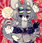  1girl 2020 :p animal_ear_fluff animal_ears black_gloves black_jacket chinchilla_(animal) chinchilla_ears chinchilla_girl chinchilla_tail colored_skin dress eyewear_on_head funamusea funamusea_(artist) fur_collar glasses gloves grey_dress grey_eyes grey_hair grey_tail heart heart_background jacket long_hair original red_background solo sunburst sunburst_background tail tongue tongue_out v white_skin 