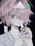  1girl black_background closed_mouth eyepatch hair_over_one_eye hands_up highres holding nail_polish pink_nails short_hair simple_background smile solo sweatdrop triangular_headpiece udo_on unworn_eyepatch 