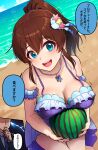  1boy 1girl beach bikini blue_eyes blue_sky blush breasts breasts_squeezed_together brown_hair cleavage cloud collarbone commentary_request day food frilled_bikini frills fruit hair_ornament highres holding holding_food holding_fruit horizon idolmaster idolmaster_million_live! idolmaster_million_live!_theater_days jewelry kamille_(vcx68) looking_at_viewer medium_breasts medium_hair melon necklace ocean open_mouth outdoors ponytail producer_(idolmaster) purple_bikini revision sand satake_minako sidelocks sky smile speech_bubble standing swimsuit thinking translation_request water 