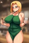  1girl absurdres android_18 apron artist_name barista blurry blurry_background breasts cameltoe closed_mouth collarbone commentary covered_nipples cowboy_shot cup dragon_ball dragon_ball_z earrings foreshortening highres holding holding_cup holding_pen iced_latte_with_breast_milk_(meme) impossible_clothes jewelry jmg large_breasts legs_together looking_at_viewer meme naked_apron pen short_hair skindentation solo standing starbucks sweatdrop thick_thighs thighs v-shaped_eyebrows 