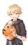  1boy absurdres aged_down bandaid bandaid_on_arm black_collar black_hoodie blonde_hair carrying chainsaw_man collar denji_(chainsaw_man) fangs highres hood hoodie kiunchiku male_focus open_mouth pochita_(chainsaw_man) sharp_teeth smile teeth upper_body watch wristwatch yellow_eyes 