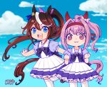  2girls :3 animal_ears blue_eyes blue_sky bow bowtie brown_hair chibi clamp clenched_hands cloud commentary_request ear_piercing feet_out_of_frame flower_in_eye frilled_skirt frills hair_flaps haru_urara_(umamusume) high_ponytail highres horse_ears horse_girl horse_tail horseshoe_ornament long_hair looking_at_viewer miniskirt multicolored_hair multiple_girls piercing pink_hair pleated_skirt ponytail puffy_short_sleeves puffy_sleeves purple_bow purple_bowtie purple_shirt red_eyes sailor_collar sailor_shirt school_uniform serafuku shirt short_sleeves skirt sky standing streaked_hair symbol_in_eye tail thighhighs tokai_teio_(umamusume) tracen_school_uniform two-tone_hair umamusume white_hair white_legwear white_sailor_collar white_skirt 