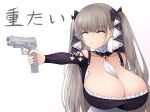  1girl azur_lane bare_shoulders between_breasts breasts cleavage closed_eyes clothing_cutout commentary_request dress eyebrows_visible_through_hair false_smile formidable_(azur_lane) frilled_dress frills gintokyhenry gothic_lolita grey_hair gun handgun highres holding holding_gun holding_weapon huge_breasts lolita_fashion necktie necktie_between_breasts pistol ribbon shoulder_cutout sig_sauer sig_sauer_p320 simple_background smile solo translated twintails two-tone_dress two-tone_ribbon upper_body weapon white_background white_necktie 