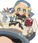  1girl :3 absurdres bike_shorts_under_skirt blonde_hair blue_eyes blush bridget_(guilty_gear) cowboy_shot eyelashes fingerless_gloves flat_chest gloves guilty_gear habit highres holding holding_toy hood hood_up hoodie kekeken medium_hair midriff_peek nun pov sketch solo toy walking white_background white_gloves yo-yo 