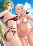  2girls adjusting_clothes adjusting_swimsuit akagi_kurage ass ass_visible_through_thighs bare_arms bare_shoulders bikini black_bikini black_ribbon blue_sky breasts closed_mouth cloud commentary_request commission dark-skinned_female dark_skin day girls&#039;_frontline green_hair grey_hair hair_ornament hair_ribbon hairclip highleg highleg_bikini highres layered_bikini long_hair low_ponytail m590_(girls&#039;_frontline) medium_breasts mk48_(girls&#039;_frontline) multiple_girls navel o-ring o-ring_bikini o-ring_bottom outdoors palm_tree pixiv_request ponytail red_bikini red_eyes ribbon sky smile standing swimsuit tree very_long_hair white_bikini yellow_eyes 