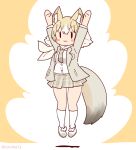  1girl animal_ears arms_up black_eyes brown_background brown_hair coroha extra_ears fox_ears fox_girl fox_tail full_body jacket jumping kemono_friends kemono_friends_3 kit_fox_(kemono_friends) looking_at_viewer necktie scarf shirt shoes short_hair simple_background skirt socks solo tail 