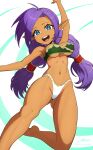 absurd_res blue_eyes breasts brown_body brown_skin clothing cosplay crossover crossover_cosplay female genie hair hi_res humanoid humanoid_pointy_ears long_hair looking_at_viewer navel not_furry open_mouth open_smile panties purple_hair revenant_(artist) shantae shantae_(series) signature simple_background smile solo soul_calibur talim_(soul_calibur) text twintails_(hairstyle) under_boob underwear url wayforward