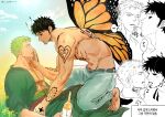  2boys abs alcohol antennae arm_tattoo arthropod_boy back_tattoo bara bare_pectorals barefoot black_sclera blue_sky bottle boy_on_top butterfly_boy butterfly_wings chest_tattoo coat colored_sclera day earrings eye_contact eyeliner facial_hair field finger_tattoo flower flower_field from_side goatee green_coat green_hair hand_tattoo haramaki highres holding holding_bottle insect_wings jewelry korean_text licking licking_another&#039;s_face licking_neck long_sideburns long_tongue looking_at_another makeup male_focus male_pubic_hair multiple_boys muscular muscular_male musical_note navel nok_(nok_1) one_eye_closed one_piece outdoors pectorals profile pubic_hair pubic_hair_peek roronoa_zoro scar scar_across_eye scar_on_chest scar_on_face short_hair shoulder_tattoo sideburns sky speech_bubble tattoo thought_bubble tongue topless_male trafalgar_law wings 
