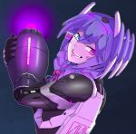  1girl absurdres android arm_cannon bangs black_background blue_eyes eagledl english_commentary fangs from_side glowing heterochromia highres looking_back mechanization mega_man_(series) mega_man_x_(series) nijisanji nijisanji_en purple_eyes purple_hair selen_tatsuki smile solo tongue tongue_out virtual_youtuber weapon 