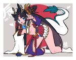 1girl armor asymmetrical_sleeves black_hair blue_eyes blue_panties breast_curtains breasts dated detached_sleeves dragon_horns dragon_tail fate/grand_order fate_(series) feather_hair_ornament feathers hacco_mayu hair_bun hair_ornament hat highres horns japanese_armor kneehighs long_hair looking_at_viewer medium_breasts mismatched_sleeves open_mouth panties parted_bangs side_ponytail sidelocks single_side_bun smile socks solo tail underwear ushiwakamaru_(fate) very_long_hair wide_sleeves 