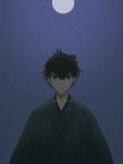  1boy black_eyes black_hair black_kimono clear_sky commentary_request expressionless fate/samurai_remnant fate_(series) full_moon highres ichikawahonzen japanese_clothes kimono looking_at_viewer male_focus miyamoto_iori_(fate) moon night sky solo straight-on upper_body 