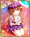  1girl asahina_momoko ball brown_hair character_name girlfriend_(kari) long_hair official_art outdoors plaid plaid_skirt qp:flapper racket red_eyes ribbon side_ponytail skirt solo sportswear squatting tank_top tennis_ball tennis_racket tennis_uniform thighs visor_cap white_tank_top 