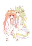  2girls ahoge alternate_costume animal_ears atalanta_(fate) atalanta_(twilight_memory)_(fate) bikini blue_bikini etoryoku fate/grand_order fate/grand_order_arcade fate_(series) flat_chest full_body green_eyes green_hair green_tail multiple_girls orange_eyes orange_hair pink_bikini simple_background sita_(fate) swimsuit toeless_legwear white_background 