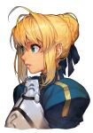  1girl ahoge armor armored_dress artoria_pendragon_(fate) blonde_hair blue_ribbon braid cropped_torso fate/stay_night fate_(series) french_braid green_eyes hair_ribbon hungry_clicker lips looking_to_the_side melty_blood melty_blood:_type_lumina parted_lips puffy_sleeves ribbon saber simple_background solo tsukihime upper_body white_background 