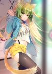  1girl absurdres ahoge animal_ears atalanta_(fate) black_thighhighs blonde_hair blue_jacket blurry breasts choker commentary_request depth_of_field fate/apocrypha fate/grand_order fate_(series) garter_straps gradient_hair green_eyes green_hair highres hood hooded_jacket jacket long_hair long_sleeves looking_at_viewer midriff multicolored_hair navel open_clothes open_jacket print_shirt satoimo_(3311_mi) shirt shorts small_breasts smile solo tail thighhighs white_shirt yellow_shorts 