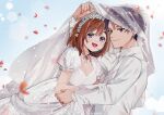  1boy 1girl absurdres artist_self-insert black_eyes black_hair breasts bridal_veil brown_hair choker cleavage commentary dress english_commentary gloves hanaberin hetero highres husband_and_wife large_breasts motion_blur neckerchief original pointy_ears purple_eyes sparkle suit tuxedo twitter_username veil wedding_dress white_choker white_gloves white_neckerchief white_suit 