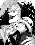  2boys black_hair closed_eyes coat coat_on_shoulders donquixote_rocinante feather_coat fur_coat greyscale happy hat heart heart_print highres hood jaguar_print long_sleeves makeup male_focus monochrome multiple_boys noyksusonon one_piece shirt smile trafalgar_law 