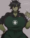  1girl anger_vein angry apron barista black_hair black_sclera black_shirt brand_name_imitation breasts cleavage coffee_cup collared_shirt colored_sclera colored_skin commentary crushing cup curvy disposable_cup english_commentary english_text female_orc gigantic_breasts green_apron green_lips green_skin grey_eyes hand_on_hip highres holding holding_pen iced_latte_with_breast_milk_(meme) lips looking_at_viewer meme messy_hair name_tag orc original pen picco pointy_ears scar scar_across_eye scar_on_face scar_on_nose shirt short_eyebrows short_hair sleeves_pushed_up solo speech_bubble starbucks tusks watch wide_hips wristwatch you_gonna_get_raped 