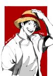  1boy alternate_headwear bucket_hat hand_on_headwear hat looking_at_viewer male_focus monkey_d._luffy nok_(nok_1) one_piece open_mouth partially_colored red_background scar scar_on_cheek scar_on_face short_hair simple_background smile solo teeth upper_body 