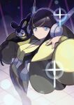  1girl bangs bike_shorts black_hair blonde_hair blue_eyes blue_nails blunt_bangs closed_mouth commentary_request elesa_(pokemon) emolga fur_jacket hand_on_hip hand_up headphones jacket kii_(kiiui) looking_at_viewer multicolored_hair nail_polish open_clothes open_jacket pokemon pokemon_(creature) pokemon_(game) pokemon_bw2 red_nails short_hair_with_long_locks smile sparkle standing streaked_hair yellow_jacket 