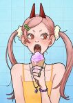  1girl bead_bracelet beads bracelet camisole chainsaw_man commentary_request cross-shaped_pupils eyelashes fangs food gem hair_ornament hair_scrunchie heureoreo holding holding_food holding_ice_cream holding_ice_cream_cone horns ice_cream ice_cream_cone jewelry korean_commentary long_hair melting multiple_rings necklace open_mouth pink_hair power_(chainsaw_man) red_eyes red_horns ring scrunchie short_eyebrows solo symbol-shaped_pupils tile_wall tiles tongue tongue_out twintails yellow_camisole 