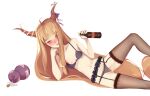  1girl ahoge arm_support black_bra black_panties black_thighhighs blush bottle bra breasts commentary drunk english_commentary erroten garter_belt gourd holding holding_bottle ibuki_suika lace-trimmed_panties lace_trim light_brown_hair lingerie long_hair low-tied_long_hair nipple_slip nipples nose_blush panties see-through_panties sidelocks simple_background small_breasts solo thighhighs touhou underwear underwear_only very_long_hair white_background yellow_eyes 