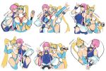  2girls blonde_hair breast_press breasts cleavage cropped_legs dougi fefeather flexing heart highres large_breasts leotard looking_at_viewer manon_legrand martial_arts_belt medal microphone multiple_girls pink_hair rainbow_mika street_fighter street_fighter_6 street_fighter_v sunglasses symmetrical_docking twintails wrestling_outfit 