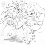 absurd_res anthro ballbusting black_and_white cock_and_ball_torture duo female generation_4_pokemon genital_torture hauberk888 hi_res japanese_text kick kicking_balls lifted_by_legs lopunny lucario male male/female monochrome nintendo pokemon pokemon_(species) simple_background sketch text