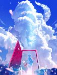  1other ambiguous_gender arrow_(projectile) blue_sky cliff cloud commentary_request door dragon eastern_dragon facing_away feet_out_of_frame highres holding holding_arrow looking_down makoron117117 original rabbit scenery short_hair sky 