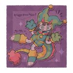  1girl animal_costume dragon dragon_costume dragon_horns dragon_tail gloves green_gloves green_headwear horns karin_(100100) naughty_face open_mouth pomni_(the_amazing_digital_circus) purple_background smiley_face tail the_amazing_digital_circus 