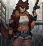  1girl abs animal_ears assault_rifle brown_hair cigarette cityscape ezzydraws fingerless_gloves fur_trim gloves gun highres jacket multiple_scars muscular muscular_female open_clothes open_jacket original rifle scar scar_across_eye scar_on_face sharp_teeth short_shorts shorts sleeves_rolled_up smoking solo tail tank_top teeth toned trigger_discipline weapon wolf_ears wolf_girl wolf_tail yellow_eyes 