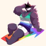 4_toes 5_fingers anthro big_chest bottomwear clothing facial_hair feet fingers fur generation_1_pokemon gengar hat headgear headwear hi_res kokuhane kokuhane_(character) lgbt_pride male male_focus muscular muscular_anthro muscular_arms muscular_male nintendo pokemon pokemon_(species) pride_colors purple_body purple_fur purple_skin rainbow_pride_colors red_clothing red_hat red_headwear relaxing shadowed_eyes shorts simple_background sitting smile solo toes topwear vincian_pride_colors white_background white_bottomwear white_clothing white_shorts