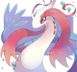  animal_focus artist_name bubble commentary_request forked_tail highres iwasi_29 milotic no_humans pokemon pokemon_(creature) purple_background red_eyes scales snake sparkle tail twitter_username two-tone_background white_background 
