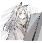  1girl animal_ear_fluff animal_ears arknights blue_eyes cropped_torso eyebrows_visible_through_hair grey_hair hairband heavyrain_(arknights) highres holding holding_shield jacket light_blush long_hair looking_at_viewer mabing shield simple_background solo upper_body white_background white_jacket zebra_ears zebra_girl 