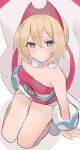  1girl blonde_hair blue_eyes bracelet breasts chunta cleavage closed_mouth collarbone from_above hairband highres irida_(pokemon) jewelry looking_at_viewer neck_ring pokemon pokemon_legends:_arceus red_hairband red_shirt shirt shorts solo strapless strapless_shirt sweat thighs waist_cape white_background white_shorts 
