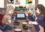  4girls ane_hoshimaru blue_eyes blue_sailor_collar blush brown_hair closed_eyes cup english_text female_admiral_(kancolle) food fork grey_hair hair_between_eyes highres janus_(kancolle) javelin_(kancolle) jervis_(kancolle) kantai_collection long_hair long_sleeves multiple_girls open_mouth plate restaurant sailor_collar sign sparkle sushi table yunomi 