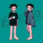  1boy barefoot black_eyes black_hair black_shirt commentary_request cup full_body green_background half-closed_eyes highres holding holding_cup jacket male_focus mug multiple_views scott_pilgrim_(series) scott_pilgrim_takes_off shirt short_hair short_sleeves simple_background sleepy sleeves_past_fingers sleeves_past_wrists standing tokagen0 translation_request wallace_wells 