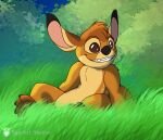 2022 alien ambiguous_gender anthro artist_name bambi_(film) biped black_claws black_nose brown_body brown_eyes brown_fur claws crossover digital_drawing_(artwork) digital_media_(artwork) disney experiment_(lilo_and_stitch) fan_character fur grass grin head_tuft hi_res lilo_and_stitch male_(lore) outside plant saziskylion semi-anthro sitting smile solo stambi tan_body tan_fur toe_claws tuft watermark