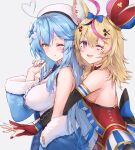  2girls ;d ;q ahoge animal_ear_fluff animal_ears bangs bare_shoulders beret black_bow black_hair blonde_hair blue_bow blue_coat blue_hair blue_nails blush bow braid breasts center_opening cleavage closed_mouth club_hair_ornament coat collared_shirt commentary_request detached_sleeves diamond_hair_ornament dress eyebrows_visible_through_hair eyelashes facepaint flower fox_ears from_side fur-trimmed_coat fur_trim gloves grey_background hair_between_eyes hair_flower hair_ornament hairclip hand_up haoni hat heart heart-shaped_pupils heart_ahoge heart_hair_ornament highres hololive hug hug_from_behind jester_cap large_bow large_breasts licking_lips light_blue_hair long_hair looking_at_viewer looking_to_the_side medium_breasts medium_hair multicolored_clothes multicolored_hair multicolored_headwear multicolored_nails multiple_girls nail_polish off_shoulder omaru_polka one_eye_closed open_mouth outstretched_arms pink_hair purple_eyes red_gloves red_nails shiny shiny_hair shirt side_braid sideboob sidelocks simple_background single_braid single_glove single_sleeve skirt smile snowflake_print spade_hair_ornament streaked_hair striped striped_skirt symbol-shaped_pupils tongue tongue_out two-tone_bow upper_body v-shaped_eyebrows virtual_youtuber white_background white_headwear white_shirt wide_sleeves wrist_cuffs yellow_eyes yukihana_lamy 