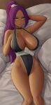  1girl absurdres bangs bare_shoulders bleach blush breasts cleavage collarbone dark-skinned_female dark_skin highres large_breasts long_hair looking_at_viewer parted_bangs ponytail purple_hair shihouin_yoruichi smile solo thighs yellow_eyes zaphn 