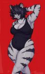 2021 anthro black_hair black_stripes breasts cettus chubby_anthro chubby_female cleavage clothed clothing felid female fur green_eyes hair hand_behind_head hi_res mammal navel one-piece_swimsuit pantherine red_background simple_background slightly_chubby solo stripes swimwear tiger walking white_body white_fur