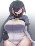  1girl black_hair blush breasts brown_eyes curvy elbow_gloves gloves hair_over_one_eye headphones highleg highleg_leotard highres huge_breasts jacket kemono_friends kemono_friends_3 king_penguin_(kemono_friends) leotard long_hair looking_at_viewer mo23 multicolored_hair orange_hair plump smile solo streaked_hair zipper 